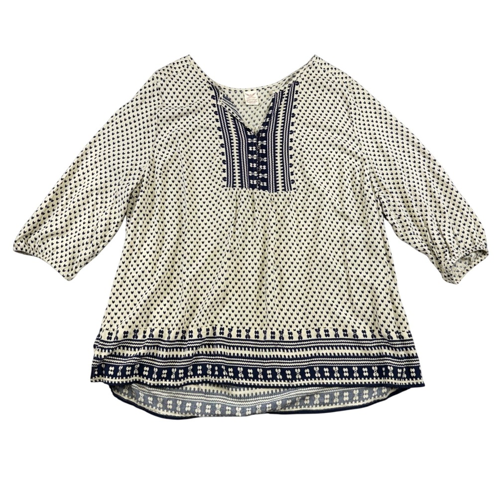 Faded Glory Womens 4X Plus Boho Rayon Blouse Navy Cream Geometric 3/4 Sleeve Top